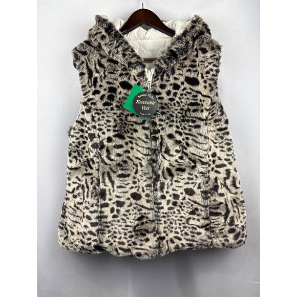 Women’s Kristen Blake XL Reversible Vest White Puffer and Leopard aprons Faux Fu - Picture 1 of 6